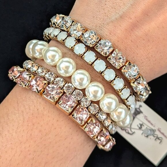 Pearl Rhinestone and Gold Crystal Bracelet Set Adjustable Stretchable Retro 90s - Picture 1 of 8